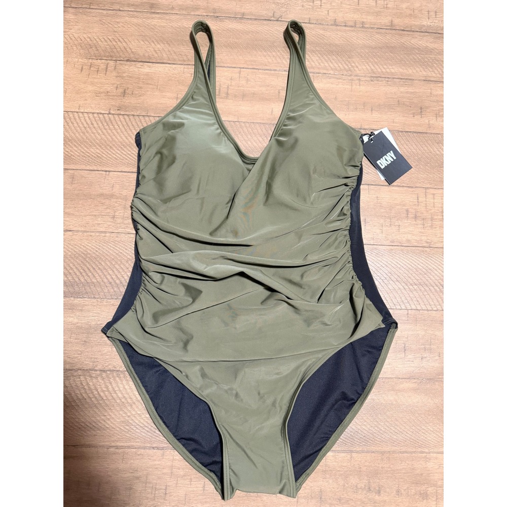 New DKNY Womens Ruched Mesh Side One Piece Swimsuit Olive Green DI2MS536 Size 14 - Picture 1 of 13